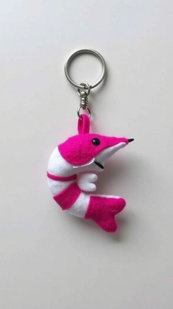 A cute felt shrimp keychain in pink and white on a neutral background.